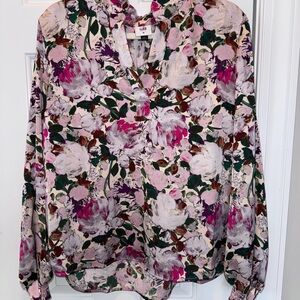 CAbi Pink Multi Floral V-Neck Long Sleeve Blouse